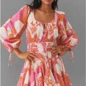 RHODE Leona Mini Dress in Vibrant Pink Deco Surf Print Long Sleeve Dress XS NEW